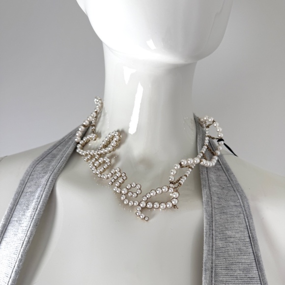 Authentic CHANEL Imitation Pearl Swirling Logo Letter Choker Necklace - Picture 3 of 10
